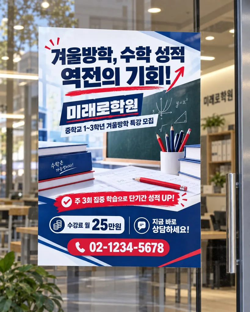 학원 유리 외벽 안쪽에 붙인 특강 모집 포스터