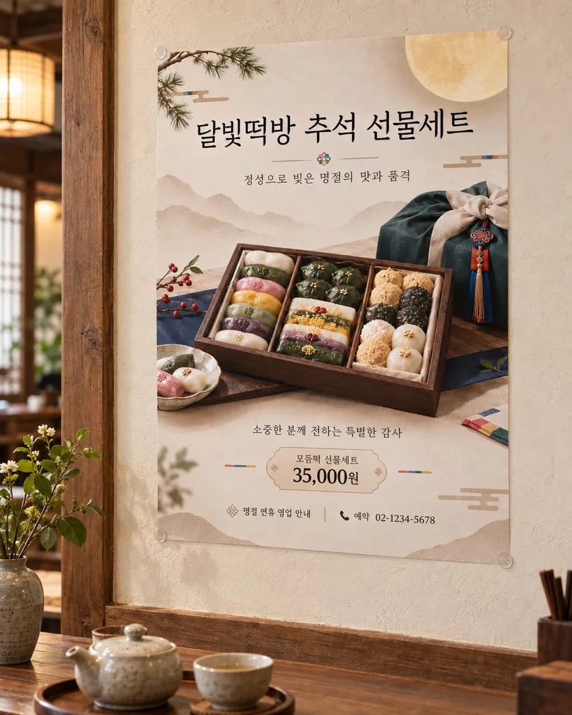 찻집 카운터 위 벽에 붙인 선물세트 포스터