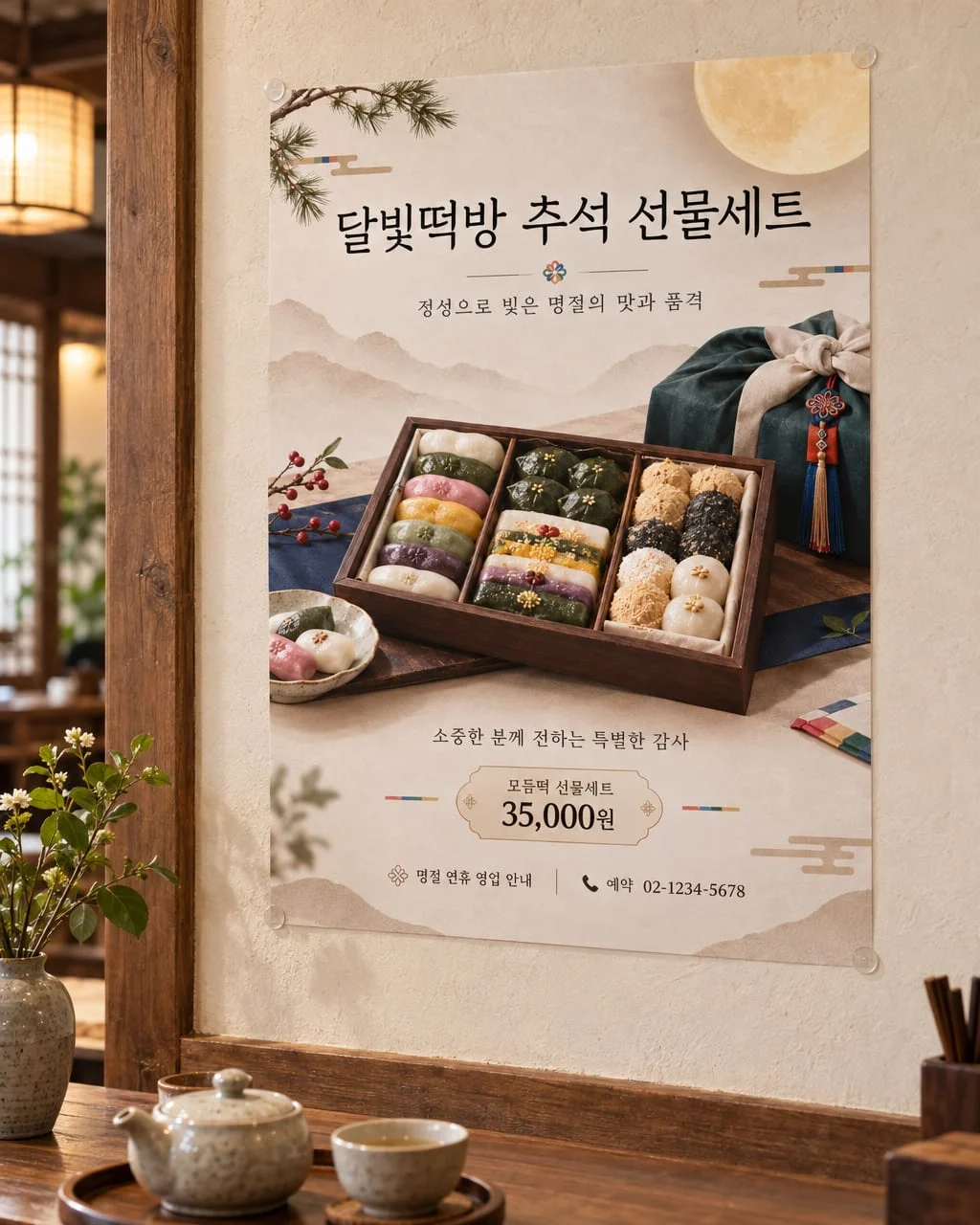 찻집 카운터 위 벽에 붙인 선물세트 포스터