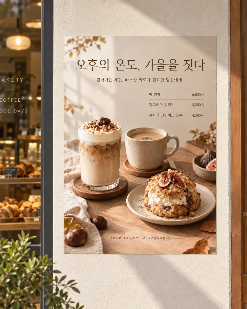 베이커리 카페 입구 옆 벽면에 붙인 A2 신메뉴 포스터